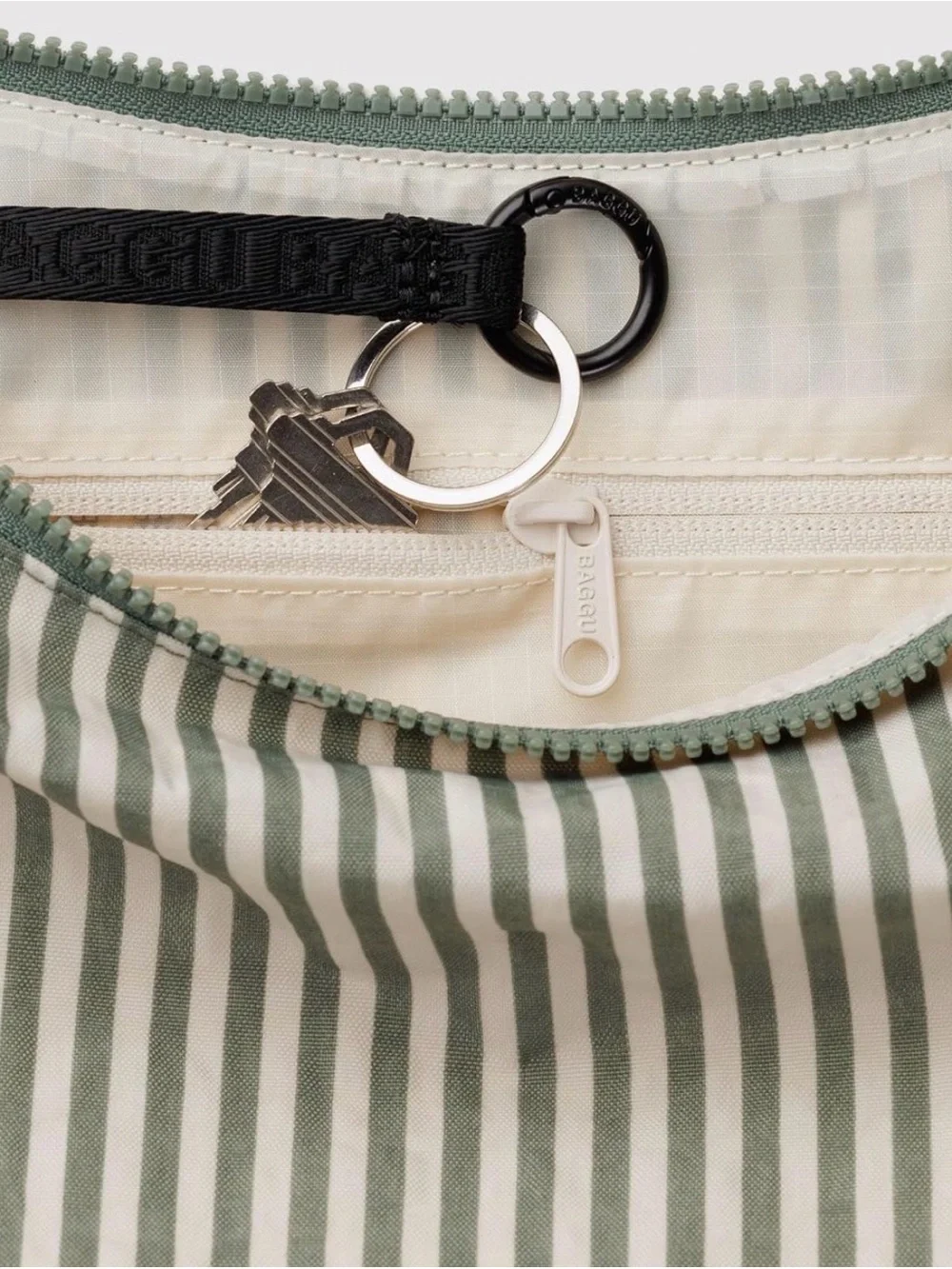 BAGGU Olive and White Striped Crescent Shoulder Hobo